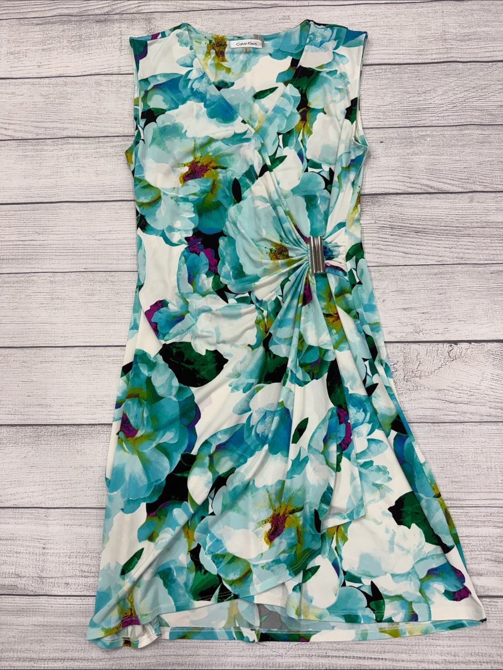 Calvin Klein Teal Floral Faux Wrap Midi Dress Sleeveless Women’s Large
